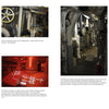 A magazine spread features six photos of submarine engine rooms and machinery, with complex pipes, valves, engines, and a red-lit diagram—similar to the USS Wisconsin (BB-64). Technical captions appear under each image. Published by Schiffer Publishing, Ltd.