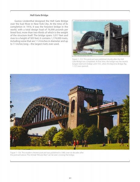 A page from Bridges: A Postcard History by Schiffer Publishing, Ltd. displays two photos of New York City's Hell Gate Bridge—a historical black-and-white image above and a modern color view below with a train, plus construction text on the left.