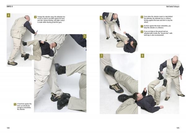 In "Combat Knives and Knife Combat" by Schiffer Publishing, Ltd., two men demonstrate self-defense moves, including evading a leg attack, countering, and grappling, showing how attackers can be subdued on the ground.