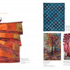 A magazine spread showcases five vibrant art quilts from “New Directions” by Schiffer Publishing, Ltd., featuring abstract shapes, tree motifs, and intricate patterns in warm reds, oranges, and cool blues under “Tactile & Textural,” celebrating contemporary quilting.