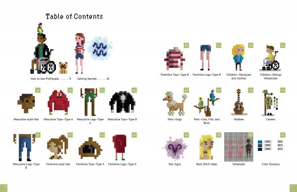 A pixel art table of contents from Schiffer Publishing, Ltd.’s PixlPeople cross-stitch patterns shows numbered illustrations of people, animals, clothing, and objects, each labeled with a title on a white background.