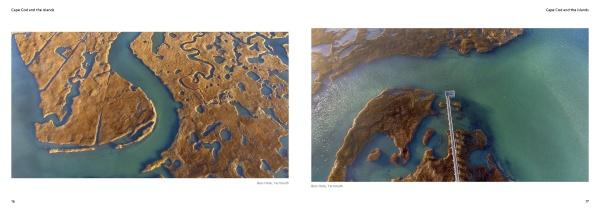 Two aerial photos from "Cape Cod and the Islands" by Schiffer Publishing, Ltd. feature marshes with winding waterways; one spotlights a long dock reaching toward small islands, capturing the beauty of Cape Cod from above.