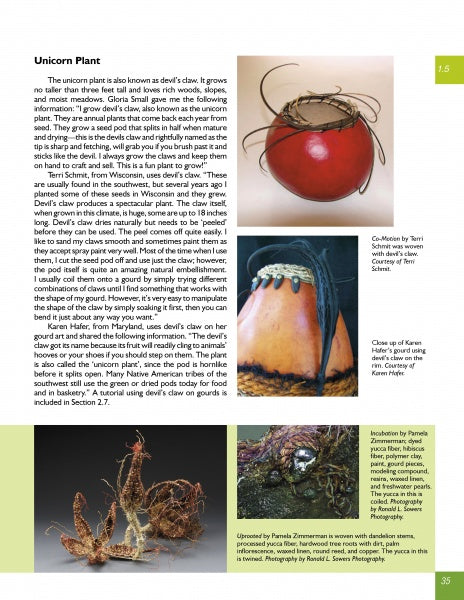 Page from "New and Different Materials for Weaving and Coiling" by Schiffer Publishing, Ltd. features text on unicorn plant, photos of gourd art with wire/bead details, close-ups of techniques, and devil's claw seedpods.