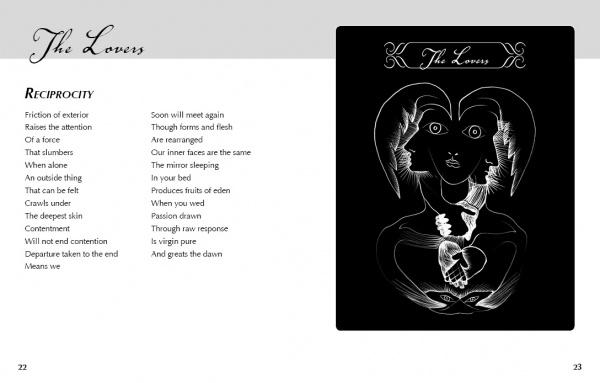 Two pages from Schiffer Publishing, Ltd.'s White Witch Tarot book: page 22 with the poem "Reciprocity" under the title "The Lovers," and page 23 with a detailed black-and-white Major Arcana-style illustration.