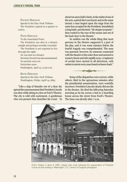 Below columns of text about newspaper dispatches on Lincoln’s assassination and early funeral journey, Lincoln’s Funeral Train by Schiffer Publishing, Ltd. features a historic 1865 black-and-white photo of Ford’s Theatre with pedestrians and a horse-drawn cart outside.