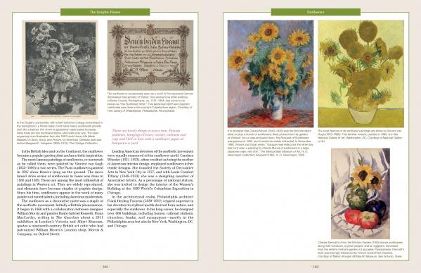 A two-page spread from *The Graphic Flower* by Schiffer Publishing, Ltd. features text with color and black-and-white sunflower and daisy artworks, a historical document, captions, and sections titled “The Graphic Flower” and “Sunflowers.”.