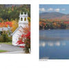 Side-by-side images from "Welcome to New Hampshire" by Schiffer Publishing, Ltd.: left, a white church and covered bridge in autumn; right, a serene lake with vibrant foliage—timeless New England scenes inspiring New Hampshire travel.