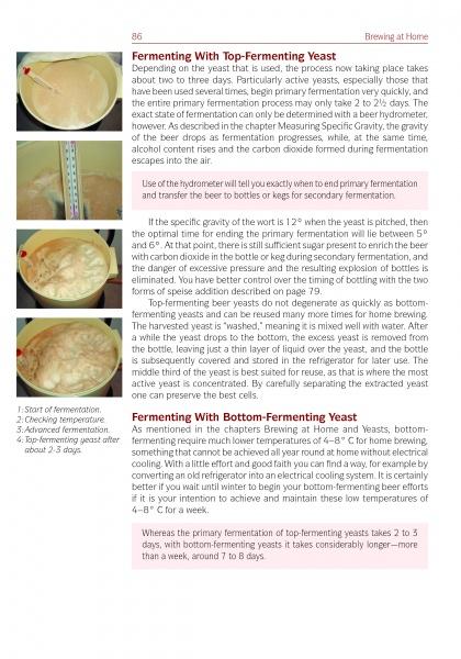 A page from "Beer Brewing for Everyone" by Schiffer Publishing, Ltd. features four photos of beer in a fermenter at different homebrewing stages, with captions and pink-highlighted text about fermenting with top-fermenting yeast.