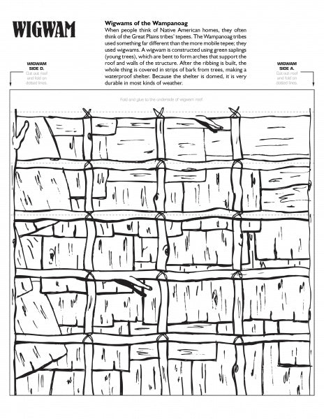 Black and white line drawing of a Wampanoag wigwam covered in bark. Text explains sapling-frame construction—ideal for educational projects or as part of the Pilgrim Village by Schiffer Publishing, Ltd.