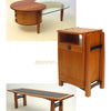 A trio of handcrafted "Bespoke" furniture from Schiffer Publishing, Ltd.: a curved glass coffee table, a rectangular nightstand with shelf and drawer, and a long bench featuring a slatted seat with dark side accents.