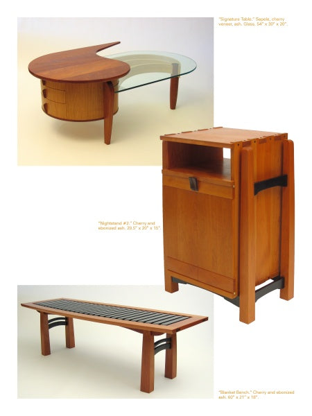 A trio of handcrafted "Bespoke" furniture from Schiffer Publishing, Ltd.: a curved glass coffee table, a rectangular nightstand with shelf and drawer, and a long bench featuring a slatted seat with dark side accents.