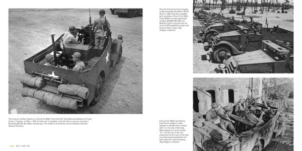 Black-and-white images in Schiffer Publishing, Ltd.'s "M3A1 Scout Car" depict WWII soldiers using the vehicles, with rifles and supplies onboard and palm trees plus other vehicles visible in the background.