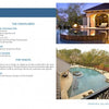 Two photos from "International Award Winning Pools, Spas, and Water Environments IV" by Schiffer Publishing, Ltd.: a twilight fountain pool by a house and a curved pool with built-in seating, showcasing visionary, award-winning pool designs.