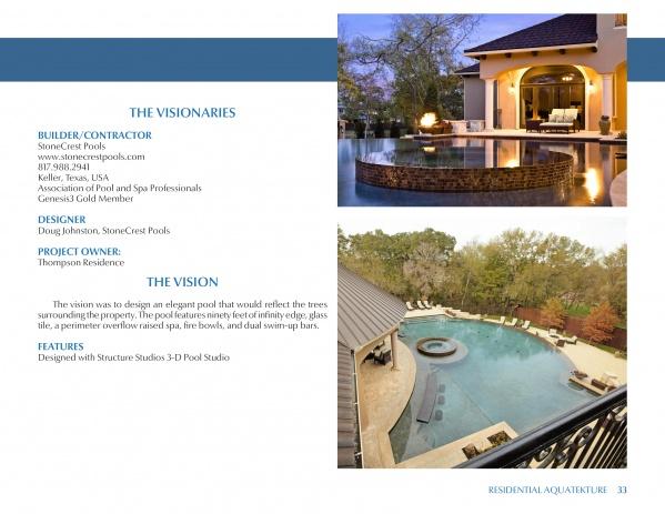 Two photos from "International Award Winning Pools, Spas, and Water Environments IV" by Schiffer Publishing, Ltd.: a twilight fountain pool by a house and a curved pool with built-in seating, showcasing visionary, award-winning pool designs.