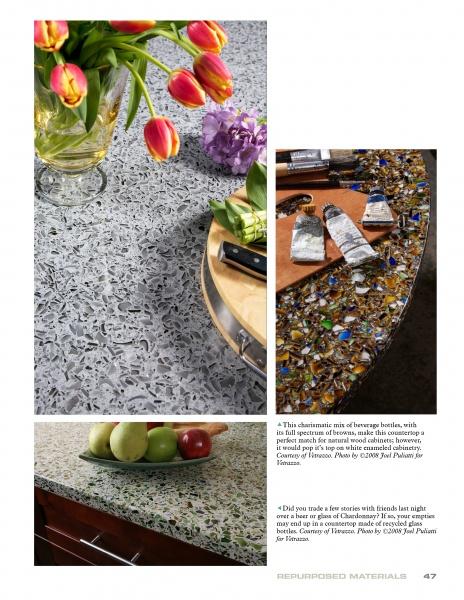A collage from "The Countertop Book" by Schiffer Publishing, Ltd. displays unique countertops: grey pebble patterns, colorful recycled glass with paint tools, and speckled green glass—showcasing distinctive material options.
