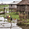 Experience the unique stilt houses of Ganvie, Benin, as featured in "Villages of West Africa" by Schiffer Publishing, Ltd., where people paddle wooden boats past floating plants under a cloudy sky.