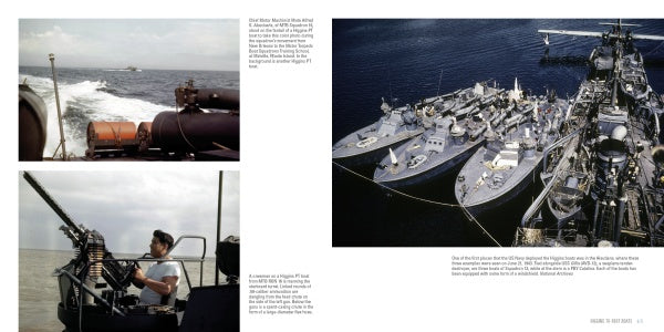 A collage featuring scenes from "PT Boats" by Schiffer Publishing, Ltd.: a PT boat’s wake, a gunner on a WWII US Navy ship, and multiple military ships side-by-side, refueling or transferring supplies at sea.