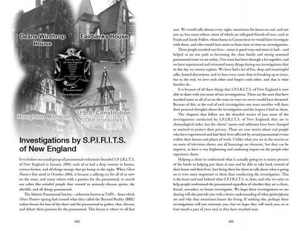 Two pages of "Paranormal Research" by Schiffer Publishing, Ltd. show an article with text and a black-and-white photo collage of the paranormal team’s ghost hunting on the left, and additional text on the right.