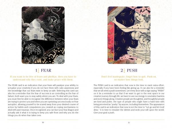 Two illustrated cards from The Creativity Oracle by Schiffer Publishing, Ltd.: FEAR features a ghostly figure by a stormy house; PUSH shows a woman pulling back a red curtain. Each card includes descriptive text and guidebook insights below.