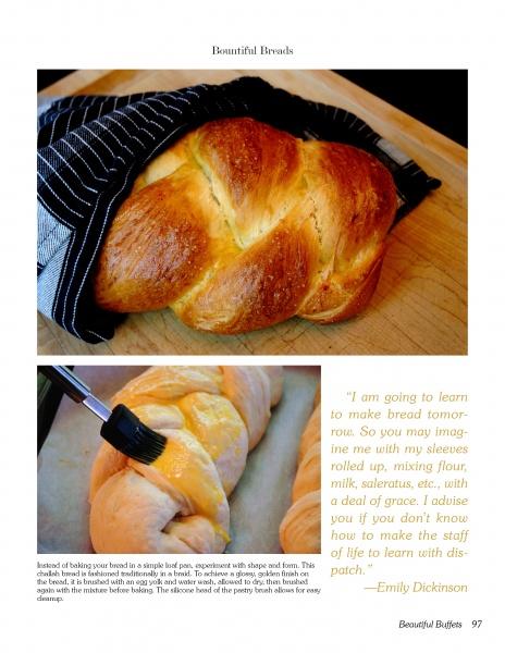 Food Presentation by Schiffer Publishing, Ltd. features a braided golden loaf on a plate and an inset of egg wash being brushed on dough, alongside an Emily Dickinson quote about learning to make bread.