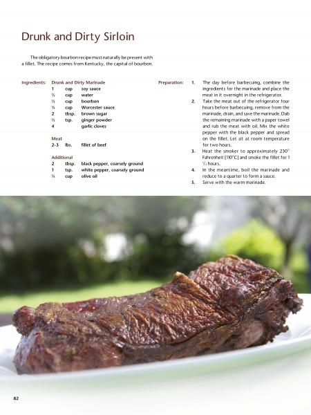 A cooked sirloin steak sits on a white plate outdoors. Above, a recipe from "The Big Smoker Book" by Schiffer Publishing, Ltd. features barbecue recipes, ingredients, low and slow prep steps, and a serving suggestion.