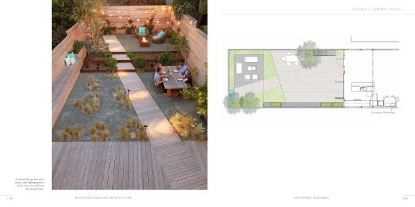 A landscaped backyard with wooden paths, seating, greenery, and a fence reflects design from "Regional Landscape Architecture: Northern California" by Schiffer Publishing, Ltd., shown alongside the matching yard architectural plan.