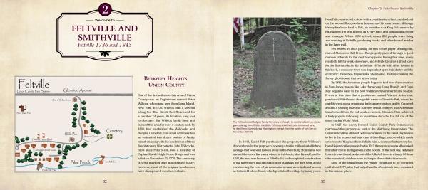 A two-page spread from Ghost Towns of New Jersey by Schiffer Publishing, Ltd. shows a chapter called Feltville and Smithville with a New Jersey ghost towns map, path, and landmarks on the left, and a historic gravestone photo with text on the right.