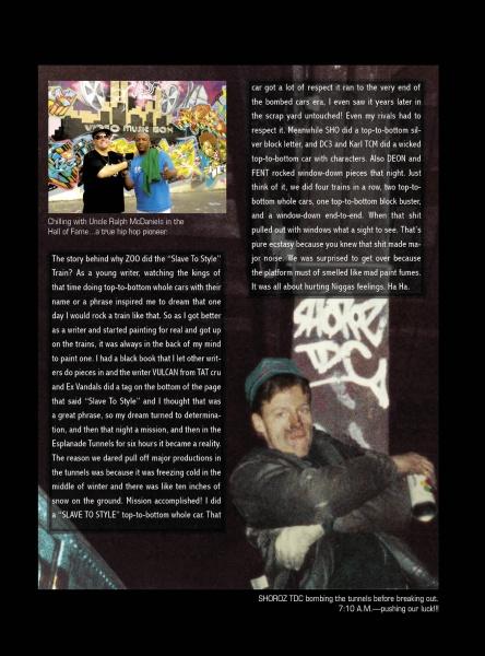 A magazine page spotlights New York City Graffiti by Schiffer Publishing, Ltd., featuring two men posing and a man with a spray can by a graffiti wall, alongside text about NYC graffiti artists.