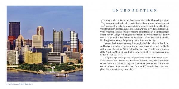A cityscape photo of downtown Pittsburgh with tall buildings, water, a fountain, and park graces "Pittsburgh" by Schiffer Publishing, Ltd.—an ideal photography book capturing the city's history and cultural rebirth.
