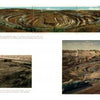 A collage of five images from "Mine to Mill" by Schiffer Publishing, Ltd. depicts historical and modern views of an open-pit iron ore mine, with black-and-white photos, panoramas, and vintage postcards or documents.