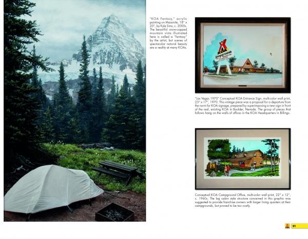 On the left is a forest campsite with a tent by a mountain; on the right, Schiffer Publishing, Ltd.'s "KOA and the Art of Kamping" shows framed camping art: a KOA campground sign and an office scene with people and trees.
