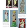 A page from Staffordshire Figures 1780 to 1840 Volume 3 (Schiffer Publishing, Ltd.) shows six enamel-painted figures—mainly women in period attire, some with dogs or hats, one on a red chair—each with a brief caption.