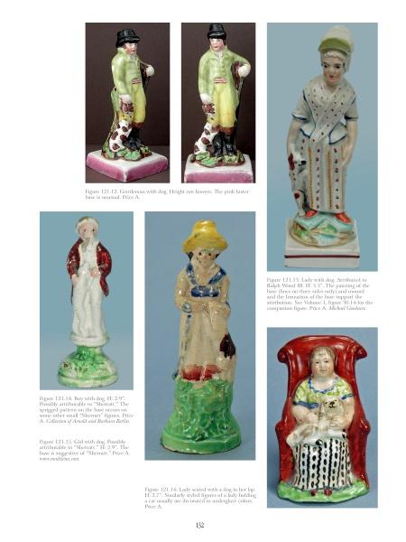 A page from Staffordshire Figures 1780 to 1840 Volume 3 (Schiffer Publishing, Ltd.) shows six enamel-painted figures—mainly women in period attire, some with dogs or hats, one on a red chair—each with a brief caption.