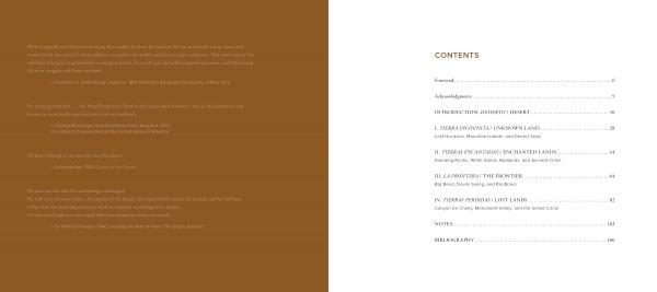 A two-page spread from "America's Outback" by Schiffer Publishing, Ltd.: the left page is solid brown with faint text suggestive of ancient Southwest trails; the right page is white, showing black chapter titles and page numbers.