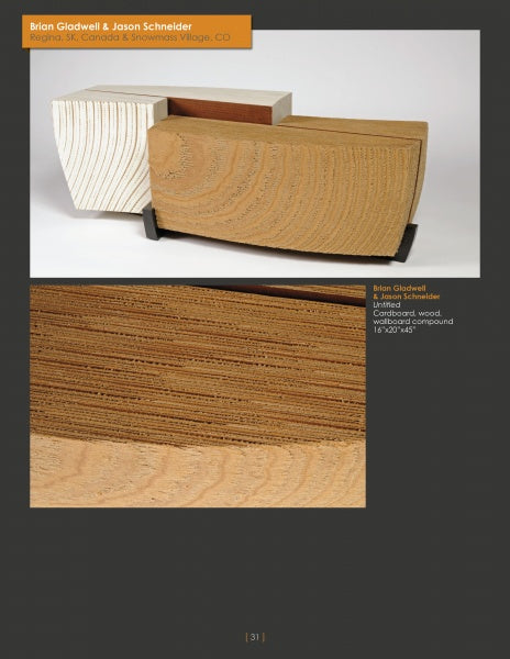 Two modern, rectangular sculptures from "Mind & Hand" by Schiffer Publishing, Ltd. feature layered textures: one white with linear carvings, the other brown with wood grain rings. Both are shown on a dark background, with a close-up detail below.
