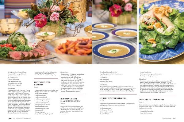 A magazine spread showcases elegant dishes among gold and floral decor—ideal for seasonal gatherings. Featured in "Four Seasons of Entertaining" from Schiffer Publishing, Ltd., with recipes and entertaining tips included below.