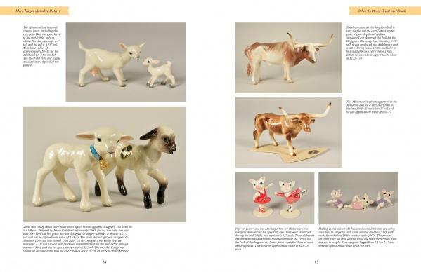 Two pages from "More Hagen-Renaker Pottery" by Schiffer Publishing, Ltd. show photos of collectible figurines—lambs, cows, and calves—with descriptive text and captions about each piece.