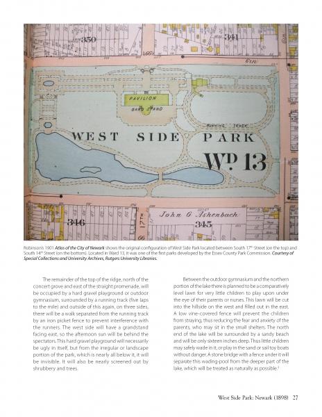 A vintage map in "Olmsted Parks in New Jersey" by Schiffer Publishing, Ltd. shows West Side Park in Newark (“WP 13”), featuring paths, pavilion, lawns, lake, handwritten property names/numbers, and historical context.