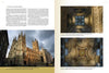 A book spread from *Cathedrals Built by the Masons* (Schiffer Publishing, Ltd.) features text on Canterbury Cathedral plus three photos: its sunlit exterior and two shots of the ornate, vaulted ceilings with classic European patterns.