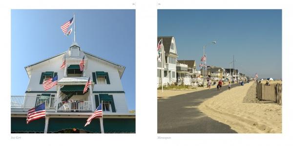 Left: A white house with green shutters and American flags beneath a blue sky. Right: A sandy beach by a road of flag-lined white houses captures Long Beach Island’s charm. From The Jersey Shore by Schiffer Publishing, Ltd.