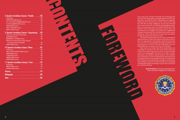 A two-page spread from Schiffer Publishing’s "The Secret History of KGB Spy Cameras" shows a red and black background: the left page lists the table of contents; the right features “FOREWORD” on KGB camera history and Cold War espionage, with an FBI seal at bottom.