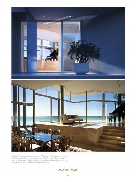 Two images from Schiffer Publishing, Ltd.'s "Contemporary Southern Homes": the first displays a bright entryway with glass doors and a potted plant; the second showcases a spacious living area with ocean views, dining table, and grand piano.