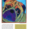 Cutting-Edge Art Quilts by Schiffer Publishing, Ltd. showcases a vibrant quilted portrait of a pug, featuring bold green, orange, purple, and blue fabrics with detailed stitching and a unique patterned background.
