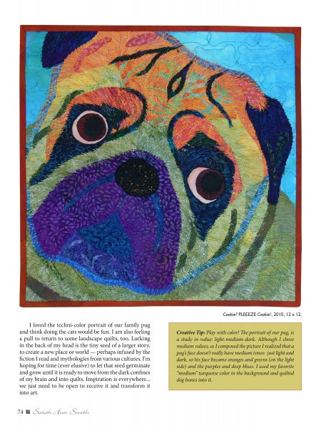 Cutting-Edge Art Quilts by Schiffer Publishing, Ltd. showcases a vibrant quilted portrait of a pug, featuring bold green, orange, purple, and blue fabrics with detailed stitching and a unique patterned background.