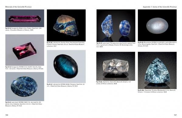 A page from "Minerals of the Grenville Province" by Schiffer Publishing, Ltd. displays labeled photos of polished and rough specimens such as tourmaline, sodalite, and aquamarine against plain backgrounds.