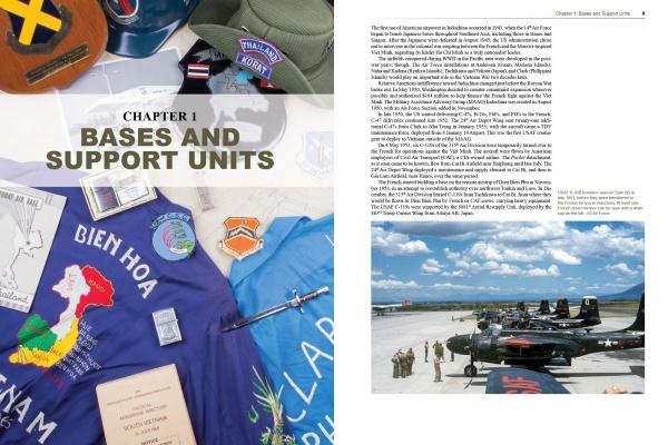 A spread from Yankee Air Pirates by Schiffer Publishing, Ltd. displays Chapter 1: Bases and Support Units with Vietnam War USAF uniforms, patches, maps, and a photo of people by vintage planes—ideal for USAF militaria collectors.