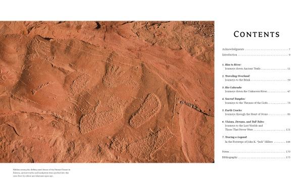 Aerial view of large dinosaur footprints in reddish rock by the Colorado River. At right, the black table of contents for "In the Chasms of Water, Stone, and Light" by Schiffer Publishing, Ltd. appears on a white background.