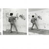 A sequence of four black-and-white photos from "Don1, The King from Queens" by Schiffer Publishing, Ltd. features a graffiti artist in a hat and jacket spray painting bold, abstract shapes on a white outdoor wall.