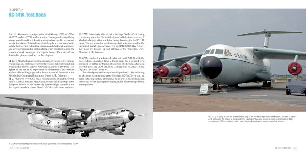 A two-page spread in "C-141 Starlifter" by Schiffer Publishing, Ltd. features text on NC-141A test beds plus two images: a color photo of a USAF transport plane on the ground and a black-and-white C-141 Starlifter in flight.