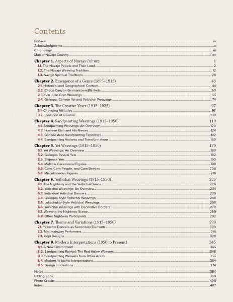 A table of contents from "Navajo Weavings with Ceremonial Themes" by Schiffer Publishing, Ltd., lists chapters on Navajo culture, Yei Yeibichai, and sandpainting textiles, with titles and page numbers in a two-column format.
